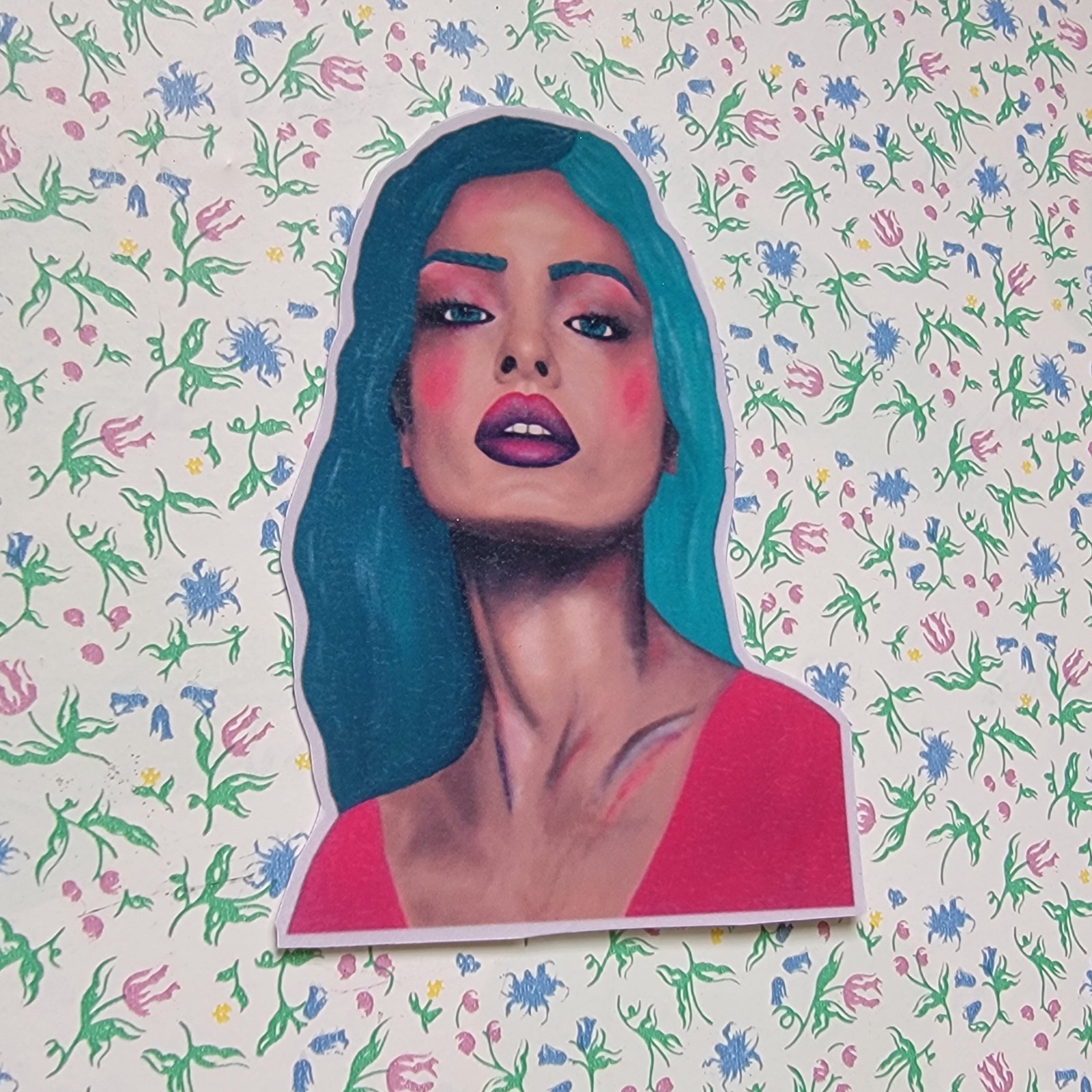 Latina Woman Vinyl Sticker, Blue Green Hair Abstract Art Sticker, Girl Power