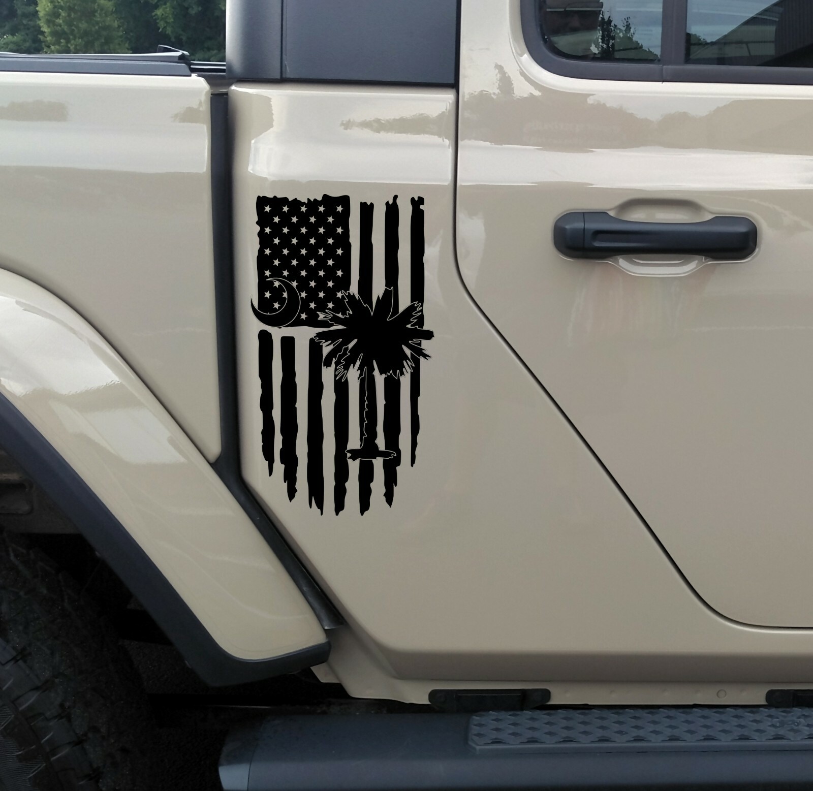 Palmetto Tree Crescent Moon with Distressed American Flag Vinyl Decal – Die Cut
