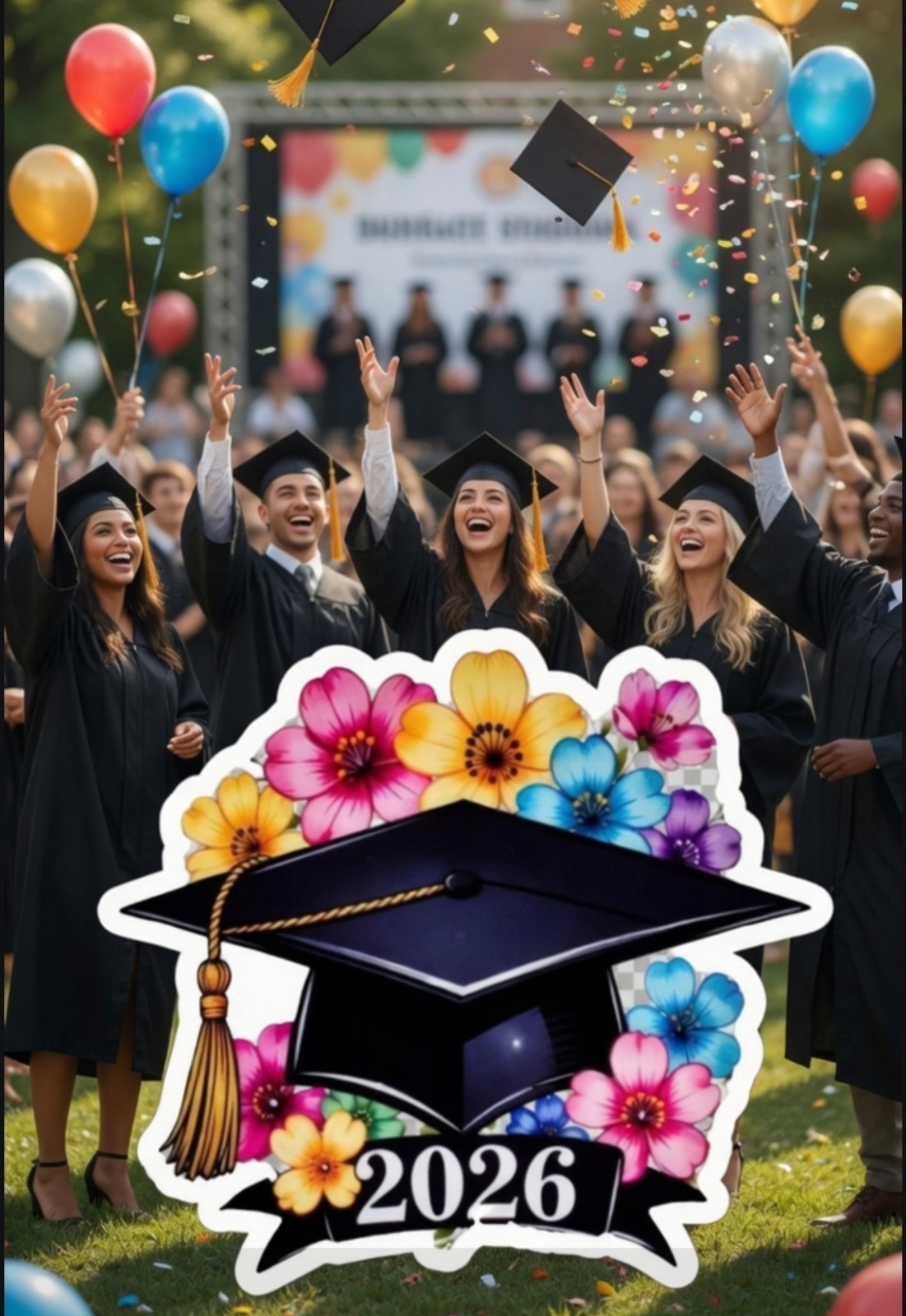 Graduation Cap Floral Sticker 5" x 4.5" Medium for Door Car Cup Bin Floor