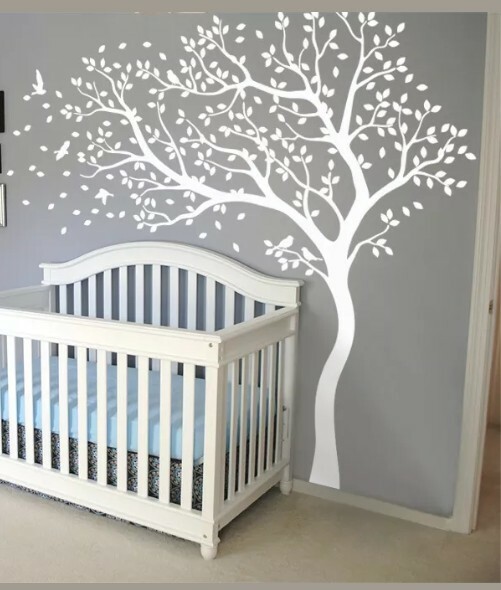 White Nursery wall mural with birds and leaves White tree decals Kids room 098