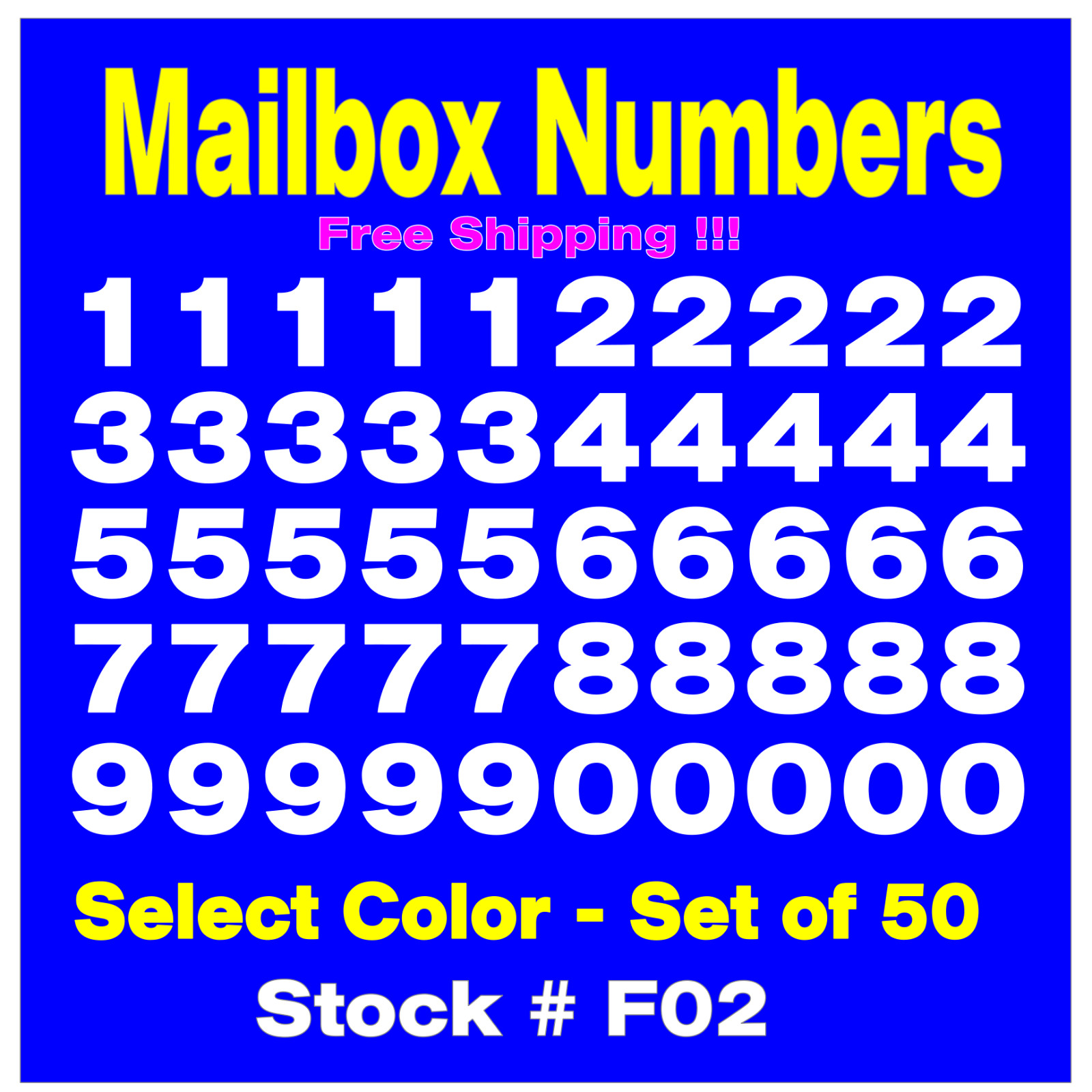 Mailbox NUMBER Vinyl Decals Set of 50 Numbers SIZES 1/2" up to 4" STK# F02