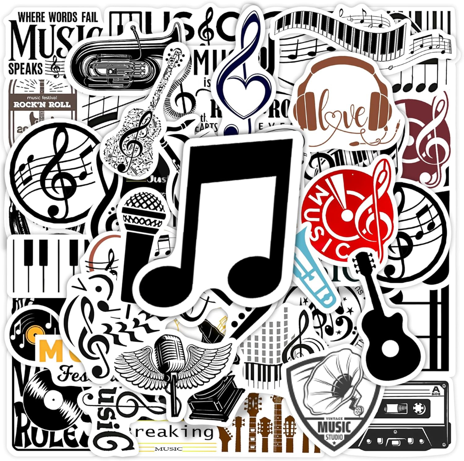 50 Pcs Music Stickers, Classic Vinyl Waterproof Decals for Water Bottles & Craft