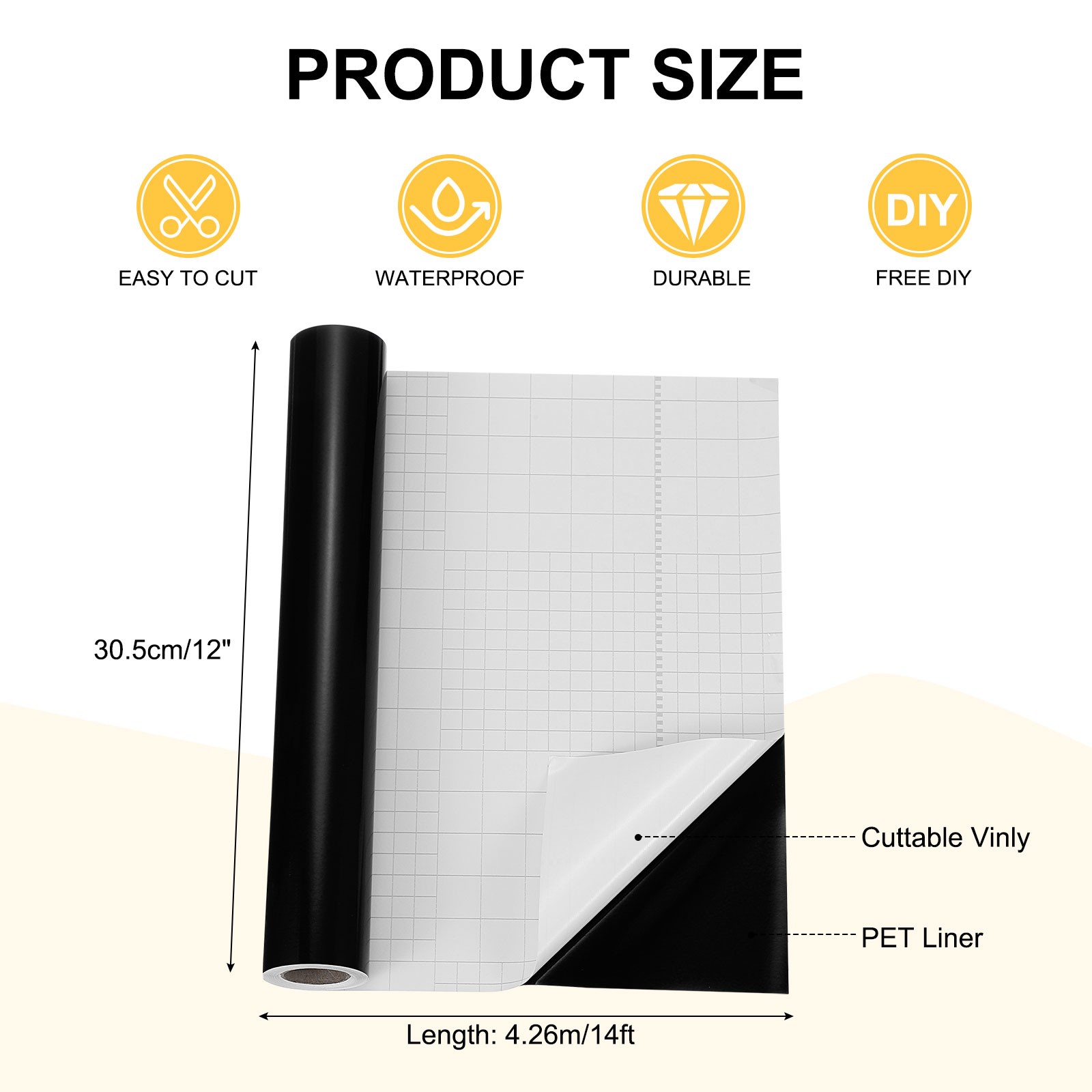 Black Permanent Vinyl, 12 Inch x 14ft Adhesive Vinyl Roll
