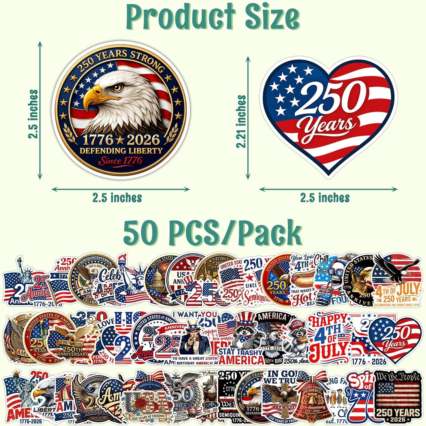 50pcs 250th Anniversary USA Stickers 1776-2026 Patriotic