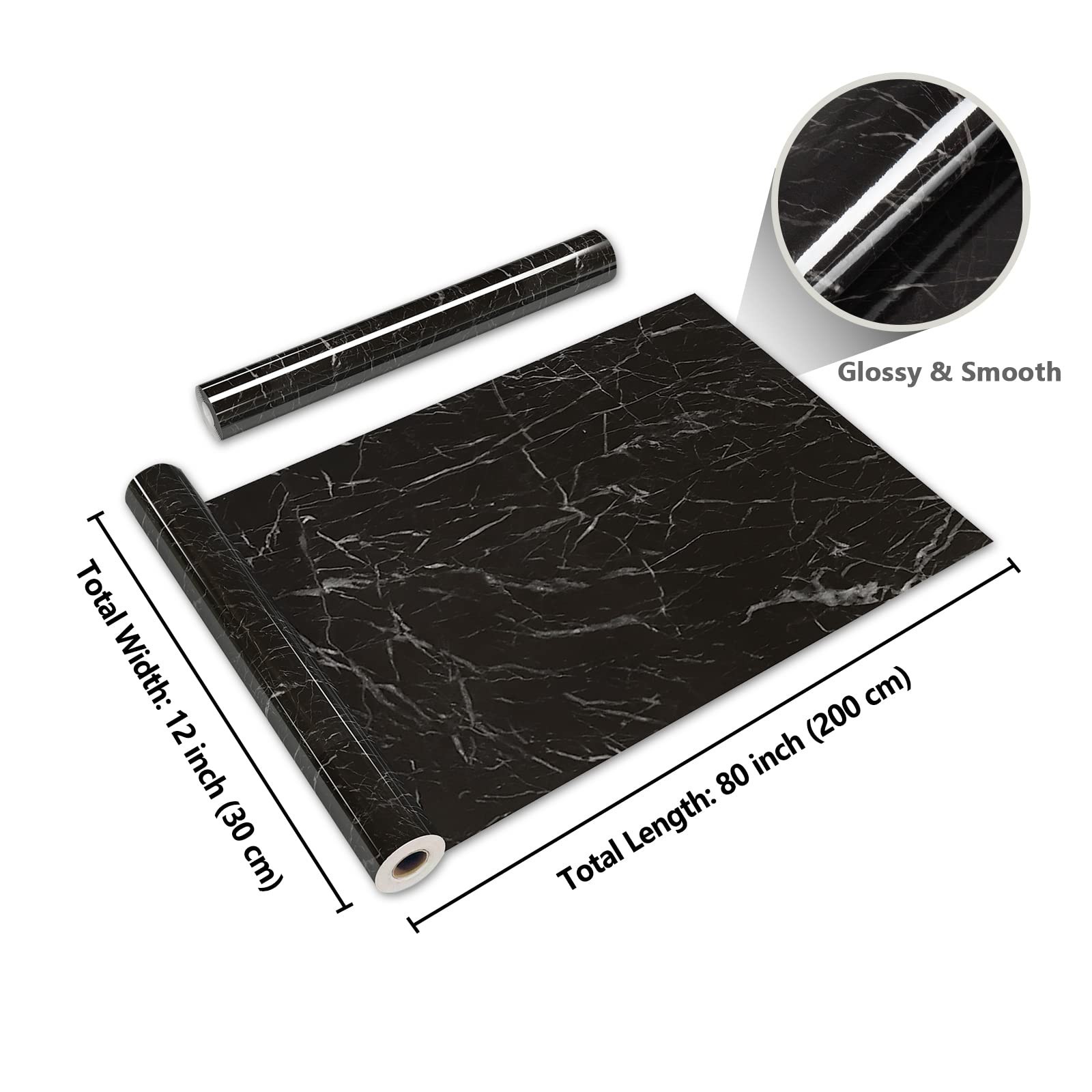 CRE8TIVE Glossy Black Marble Contact Paper Peel and Stick Black Marble Wallpa…