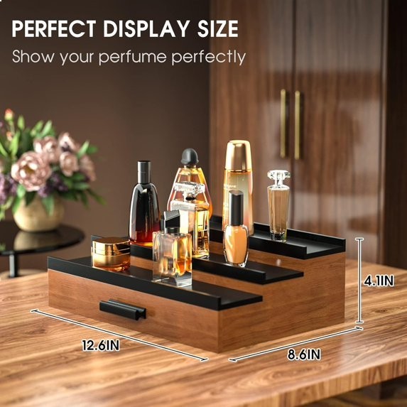 3 Tier Cologne Organizer Display Shelf for Men Wooden Perfume Stand w Drawer