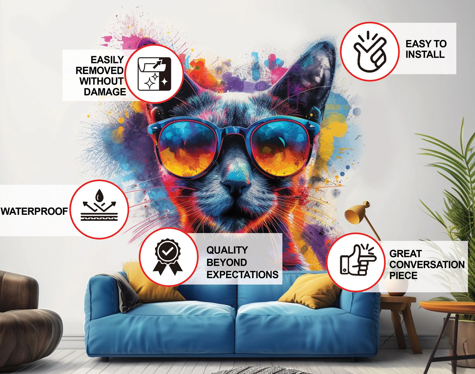 Cat with Sunglasses Wall Decal – Dynamic Watercolor Kitten Art Sticker for
