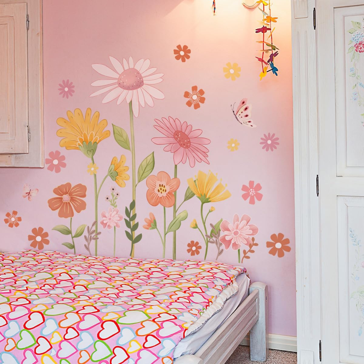 Boho Flower Wall Stickers – Daisy Butterfly Decals, PVC Waterproof Self-Adhesive