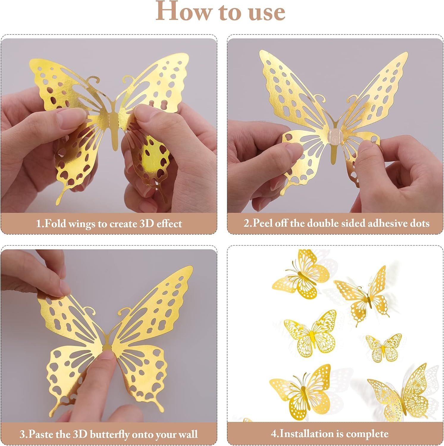 48PCS de decoración de pared de mariposas 3D, mariposa morada,4 estilos, 3 tamañ