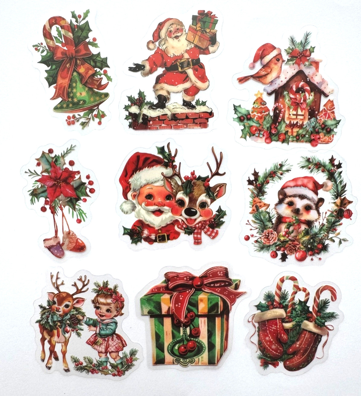 Retro Christmas Stickers Transparent Vinyl Holiday Santa Elf 7pcs Random Mix