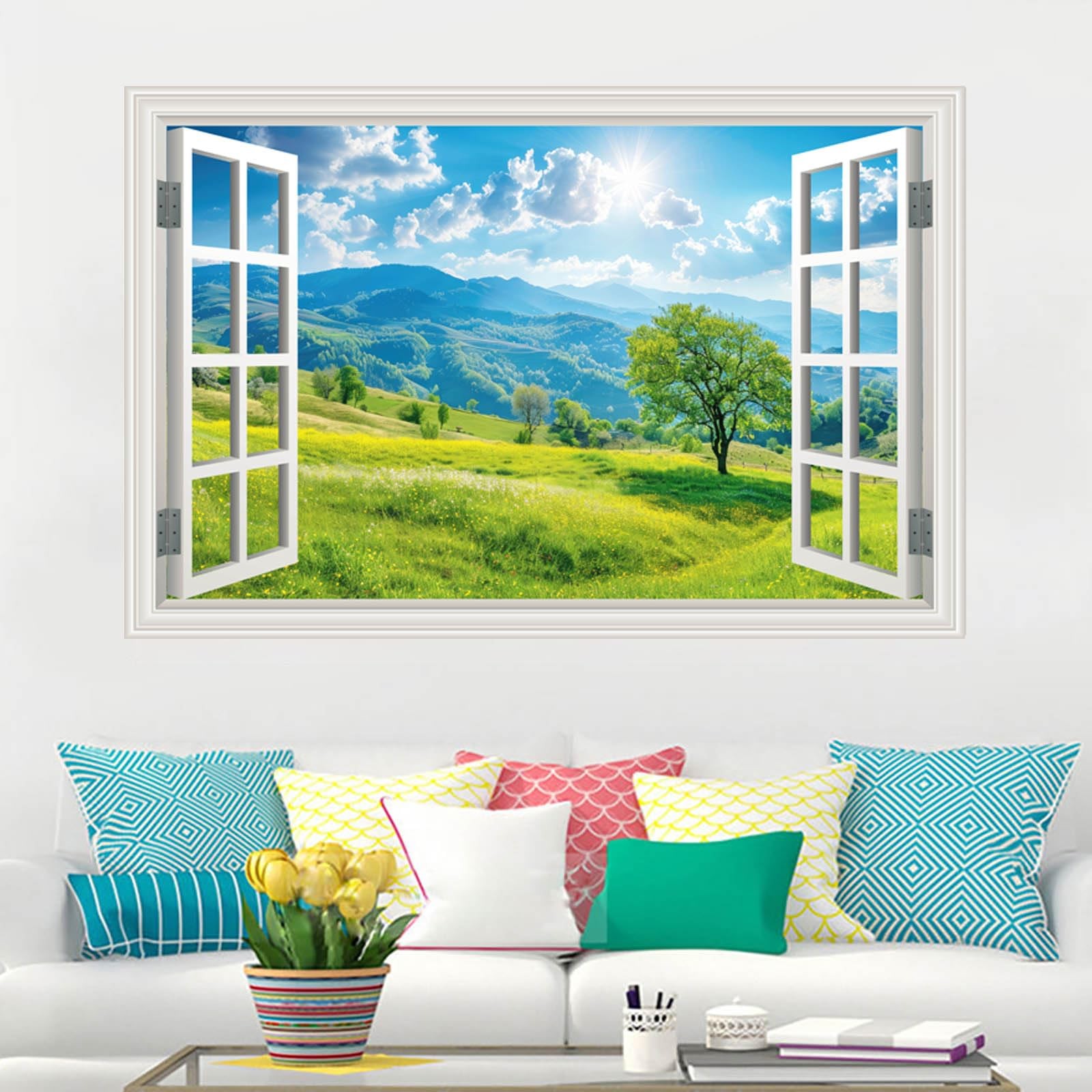 Fake Window Wall Sticker Summer Mountain Grassland Green Forest Tree Faux Win…