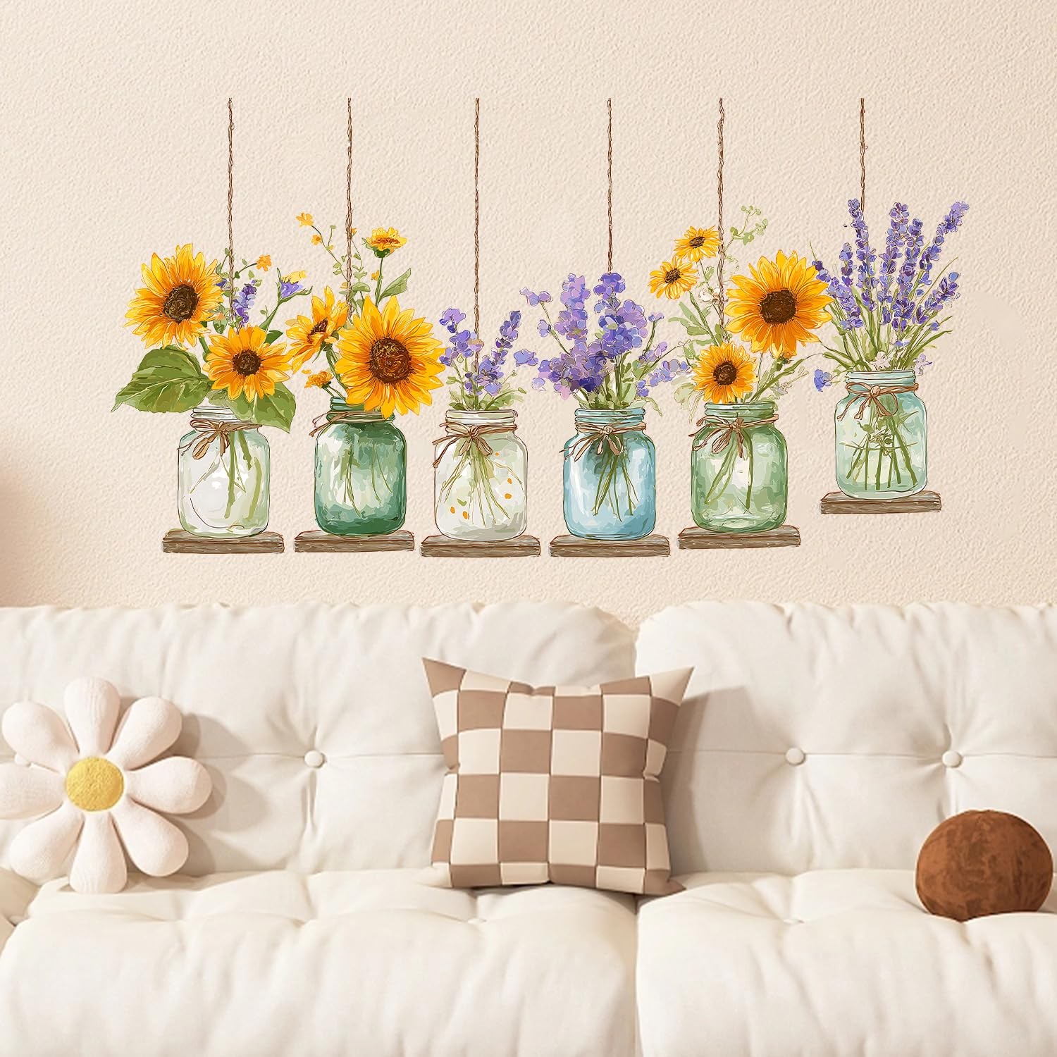 Sunflower & Lavender Hanging Mason Jar Wall Stickers – 35”x12” Floral Decals …