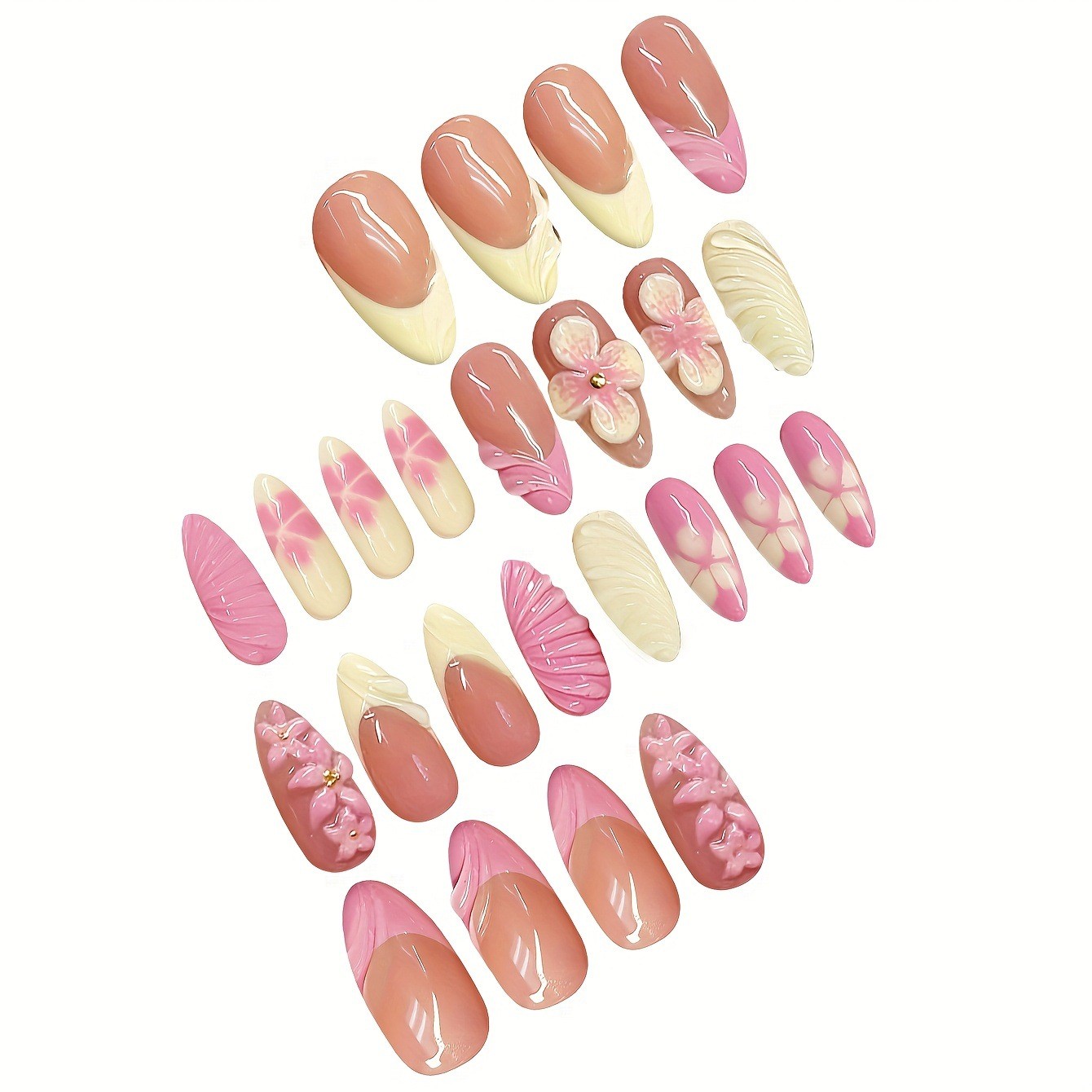 Summer Painted Flower Press-on Nails French Almond Style
