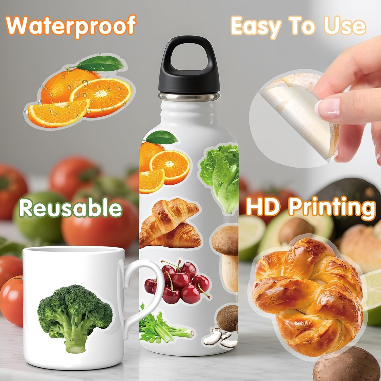 200Pcs Transparent Food Stickers – Fruit, Vegetable, Bread, Mushroom Decals