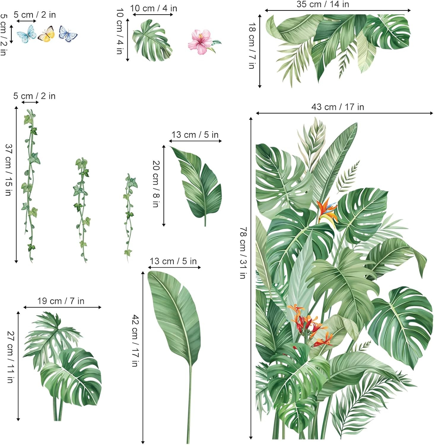 Large Green Leaves Wall Decals Tropical Palm Leaf Plant Wall Stickers for Living