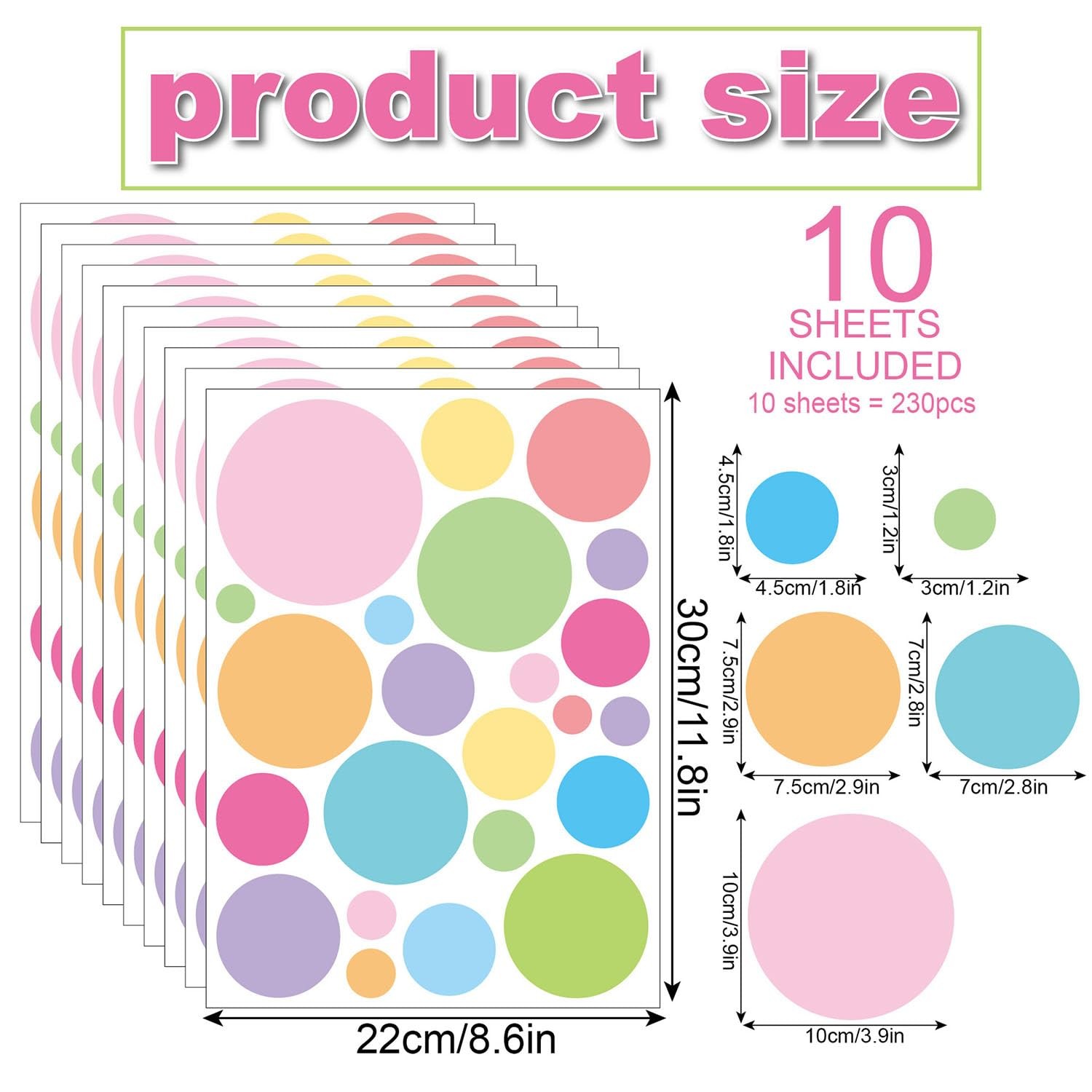 230 Pcs Colorful Polka Dot Wall Stickers, Vinyl Wall Decals Peel and Stick, 1…