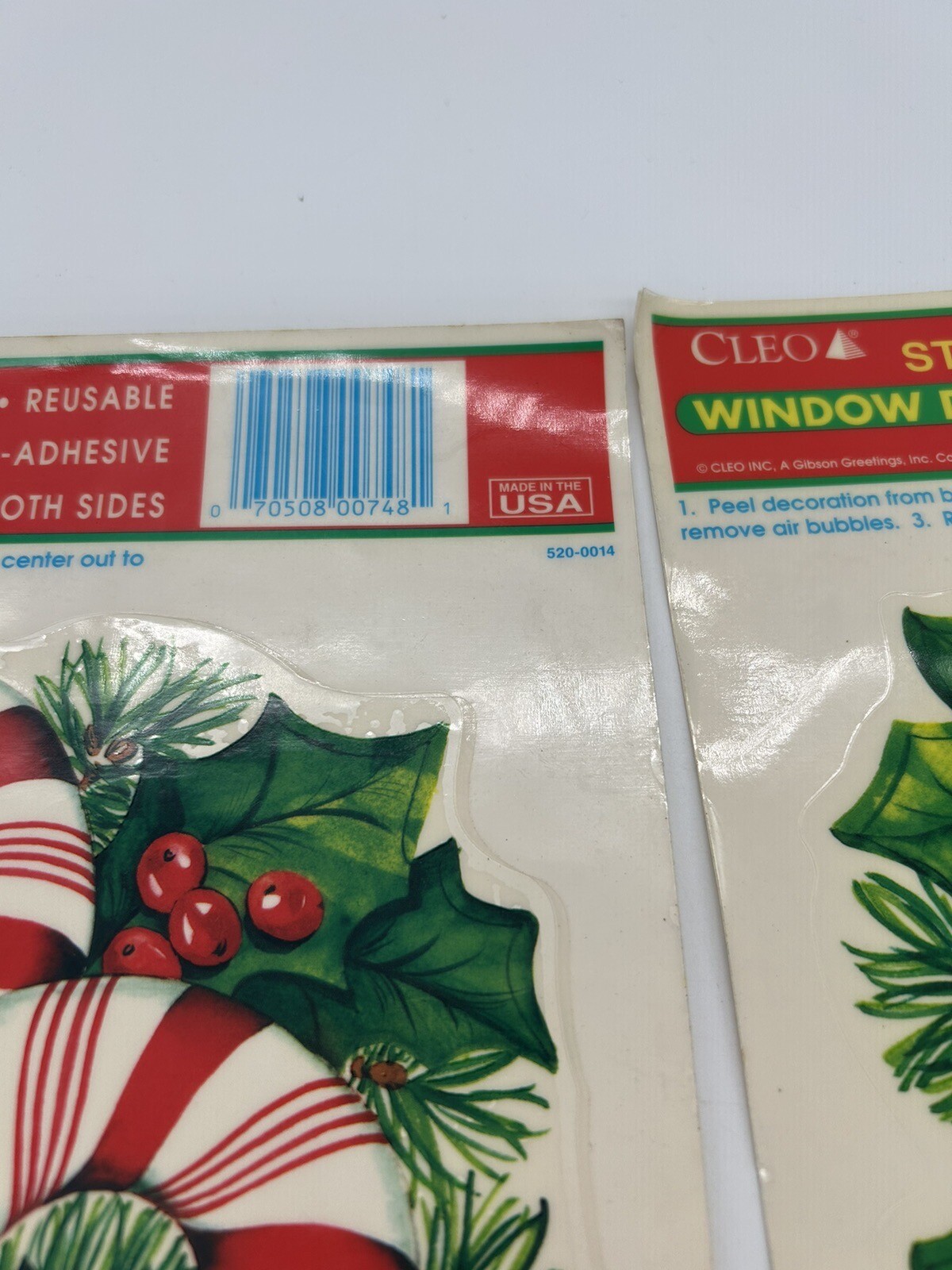 2 Vintage Cleo Christmas Static Window Clings Candy Canes Holly Berries Made USA