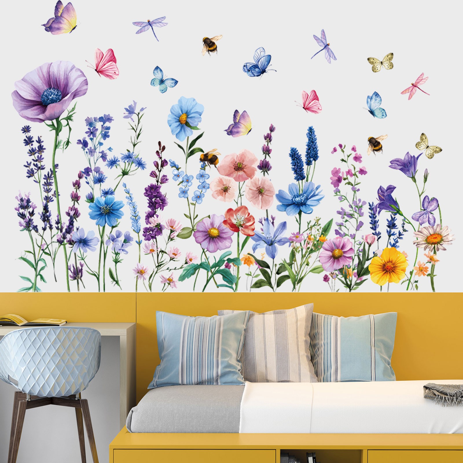 Colorful Dragonflies Floral Wall Decals Stickers Bedroom Living Room DIY Decor