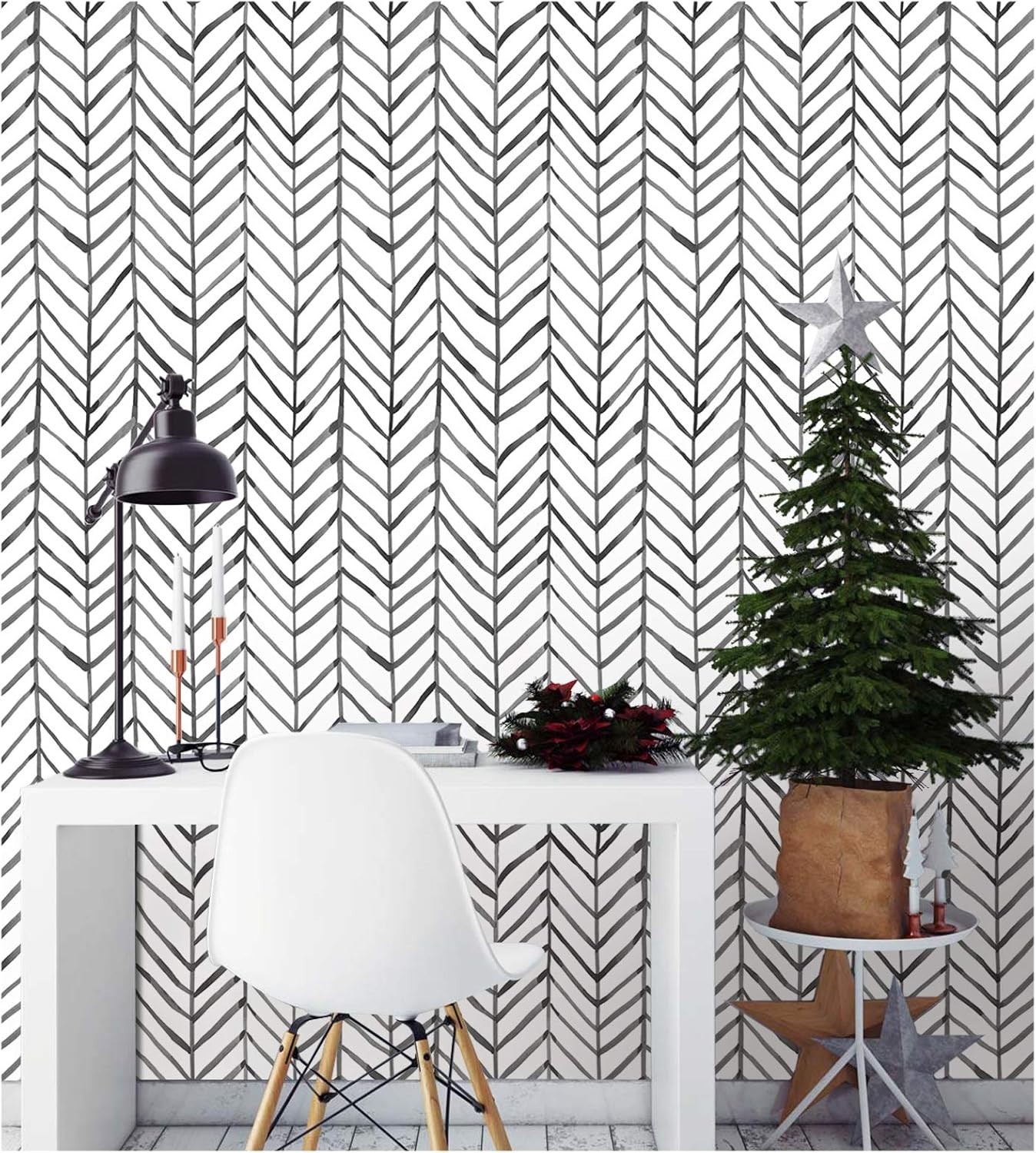 Peel Stick Accent Wallpaper Herringbone Black White Vinyl Removable Modern Chic