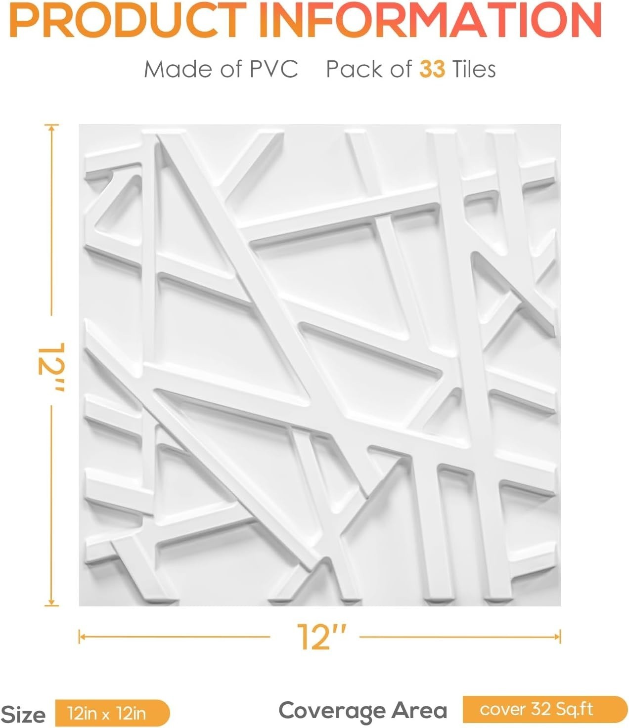 33 Pack White 3D Wall Panels 12"x12" Decorative PVC Tiles, Accent Textured