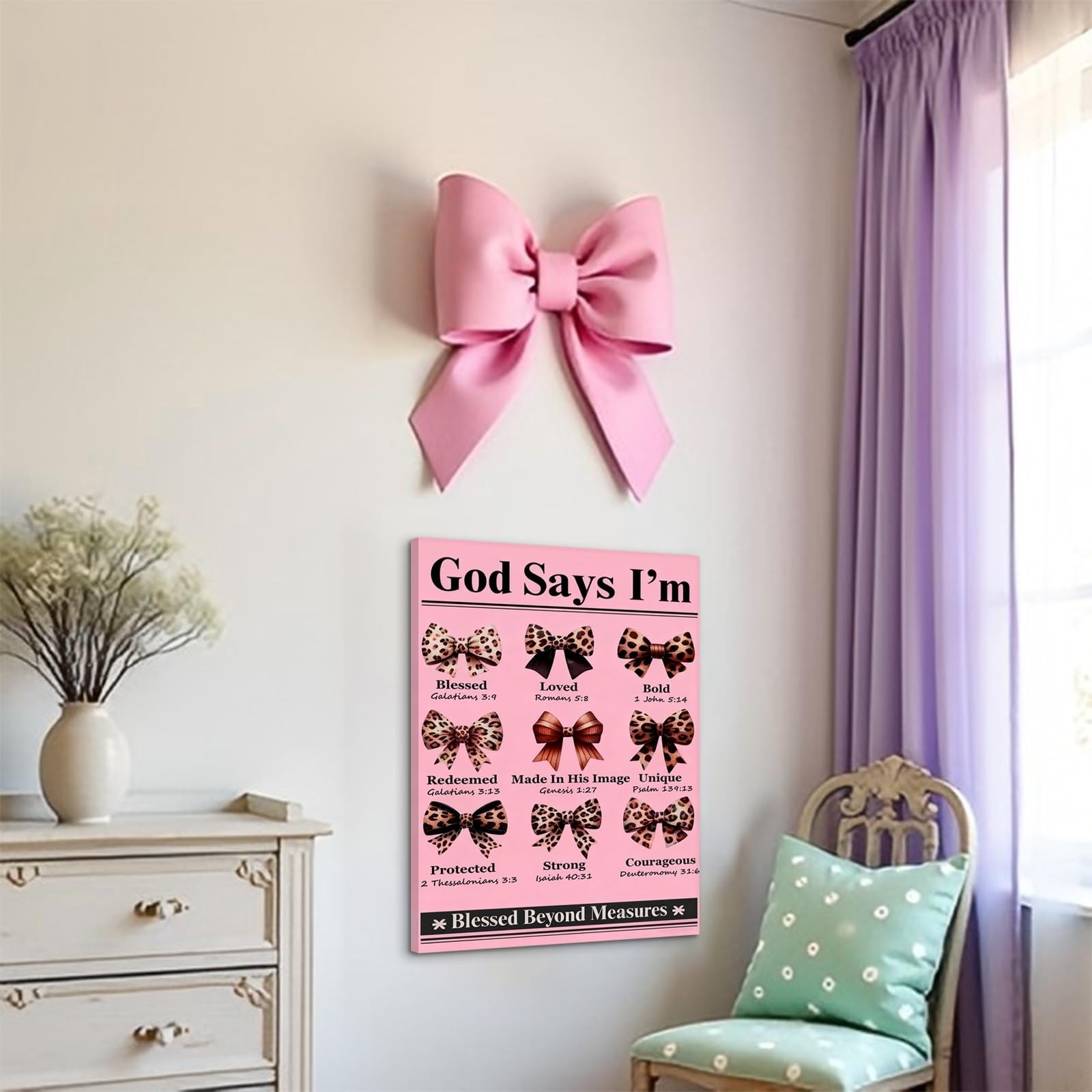 Pink Bow Wall Art Trendy Leopard Wall Decor Christian Bible Preppy Poster Pri…