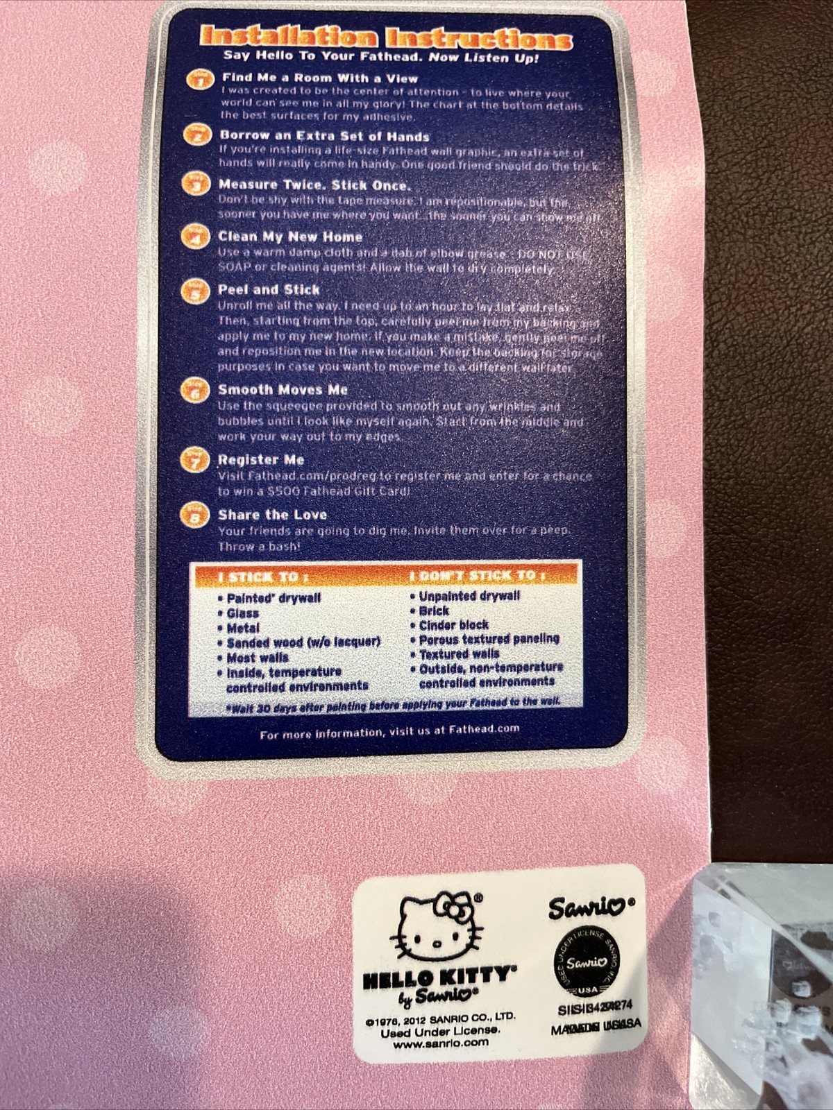 Hello Kitty Fathead Jr. Wall Decor Clingy Reusable Vinyl New Condition Kids Room