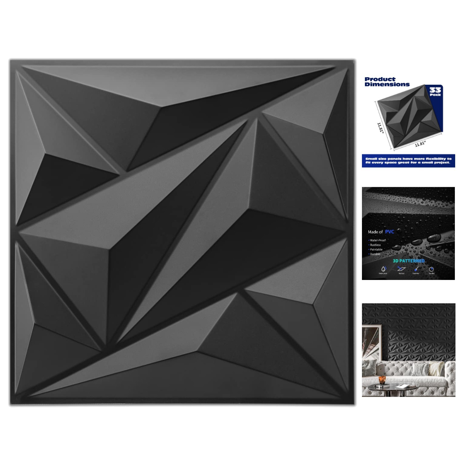 33 Pack 3D Diamond Textured Wall Panels – Elegant PVC Décor, Covers 32 Sq.Ft.