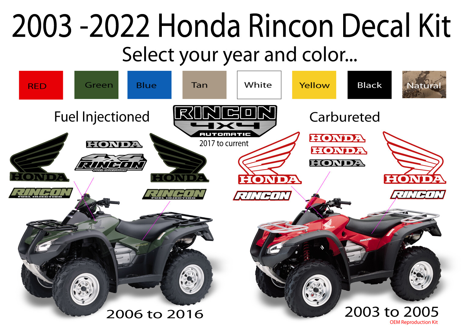 2003 2006 2008 2017 2022 OEM Honda Rincon 4×4 Decal kit Graphics Marks sticker