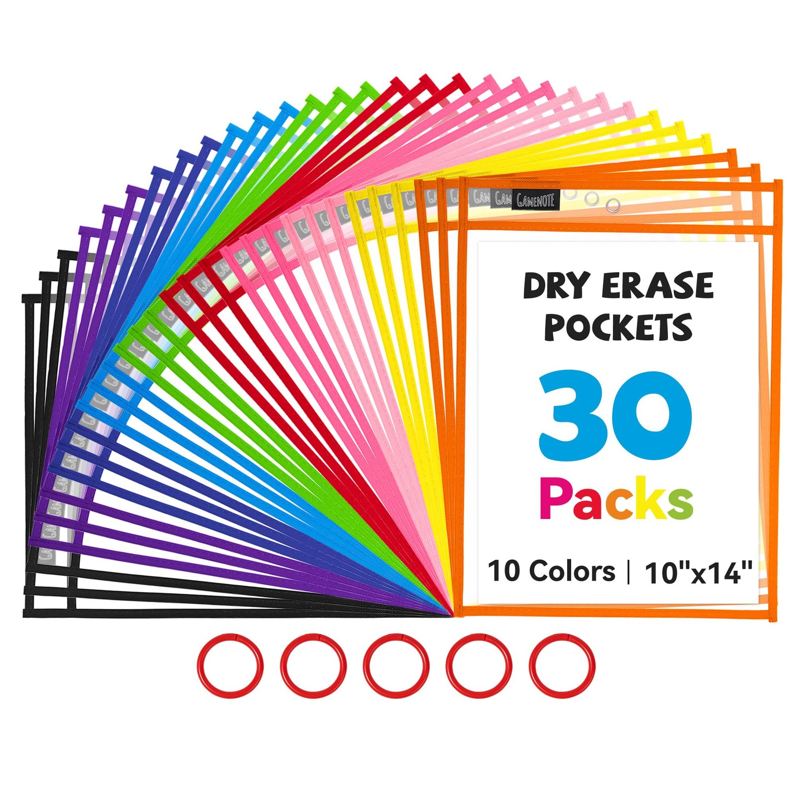 Gamenote 30 Pack Dry Erase Pockets with 5 Rings, 10 30 Pack, Assorted Colors