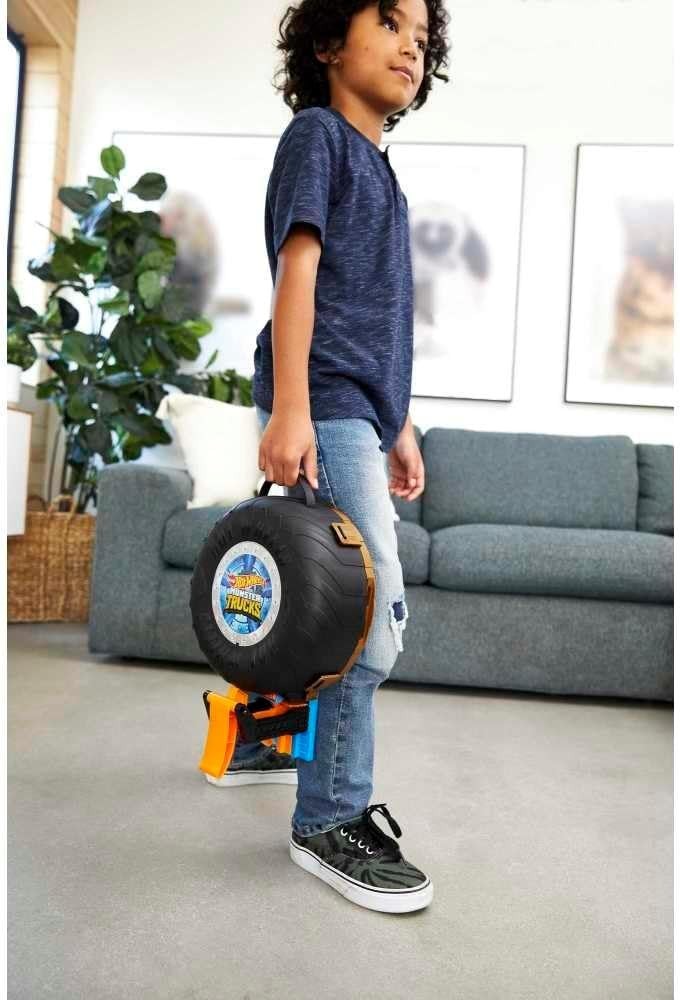 Toy Monster Trucks Playset, Tire-Shaped Case Transforms into Race Course, 3 T…