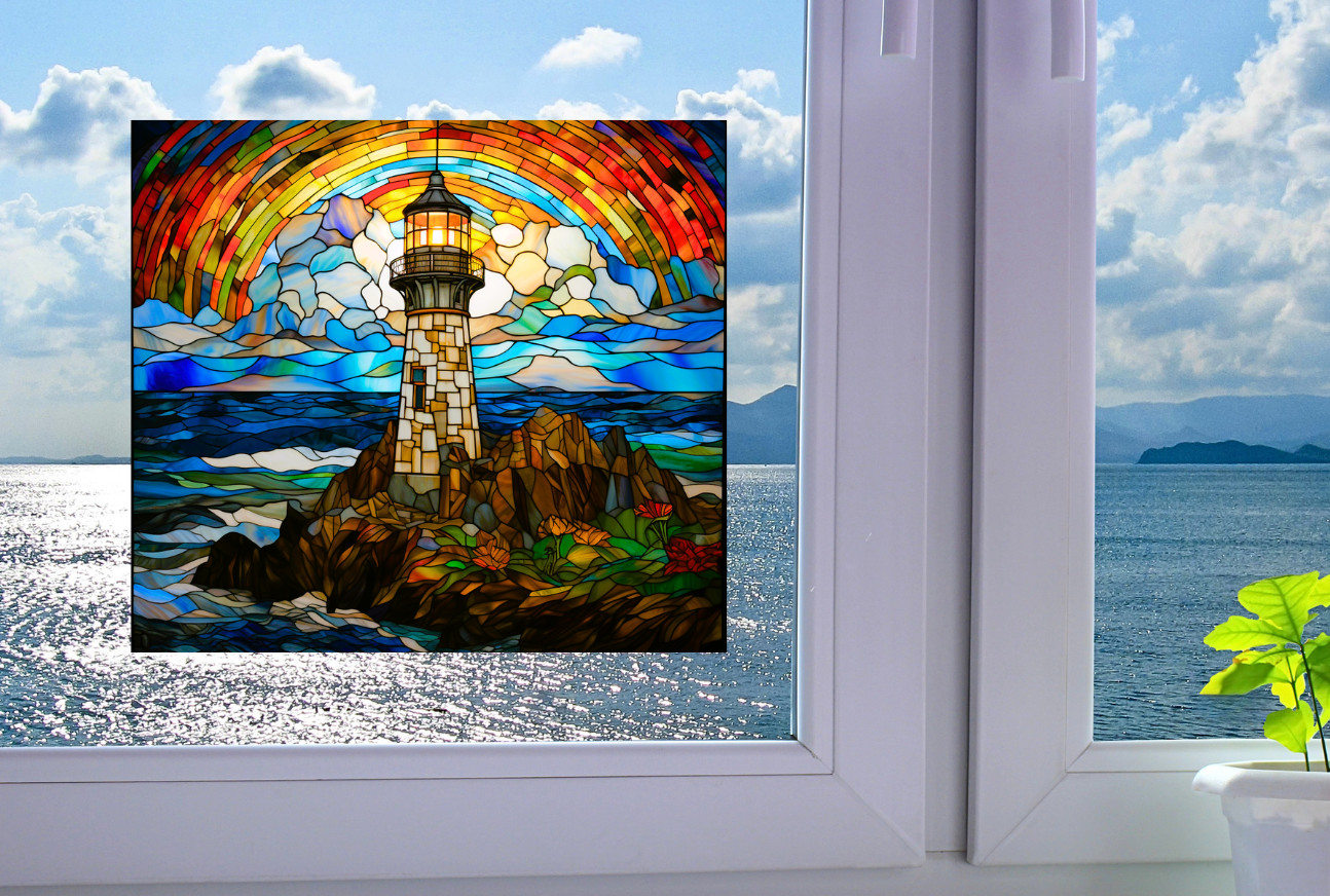 Lighthouse Faux Stained-Glass WINDOW CLING Size 9.1" Repositionable Vinyl