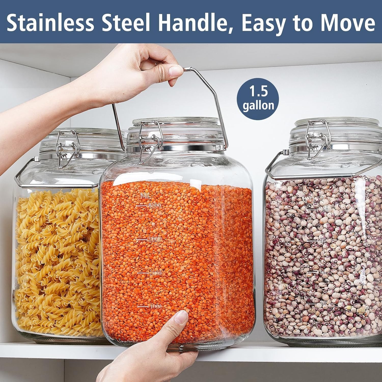 2 Pack 1.5 Gallon Glass Jar with Airtight Lid, 192 Oz Square Wide Mouth Mason Ja
