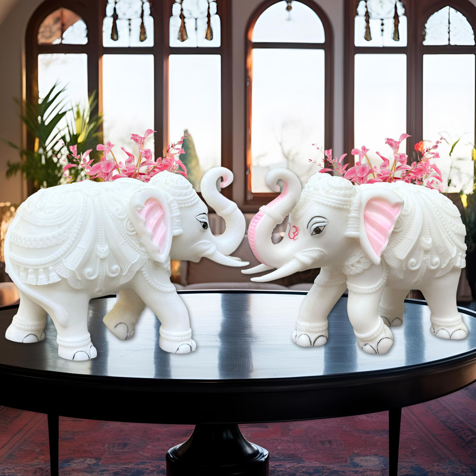 White Marble Elephant Statue Pair 5×6 Inches, Trunk Up Decorative Elephant Idols