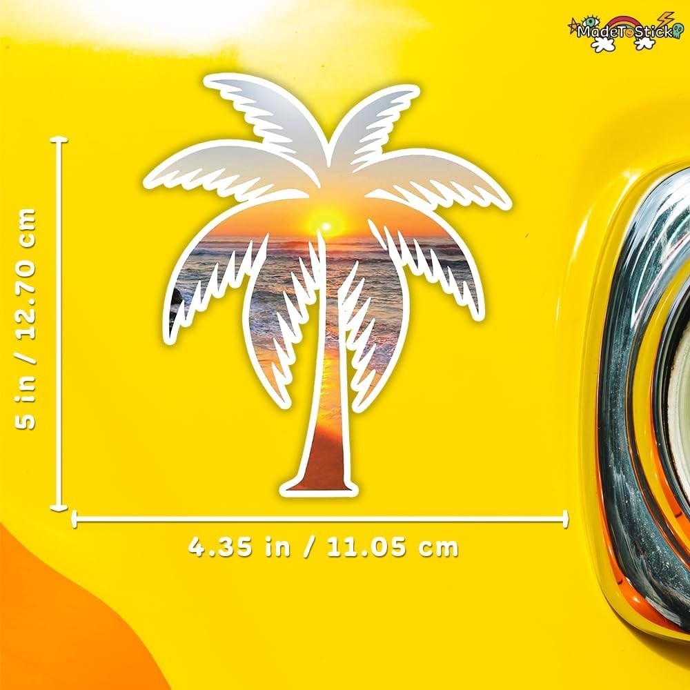 Tropical Palm Tree Beach Sunset Bumper Sticker 5 H" x 4.35 W" MacBook Car Decal