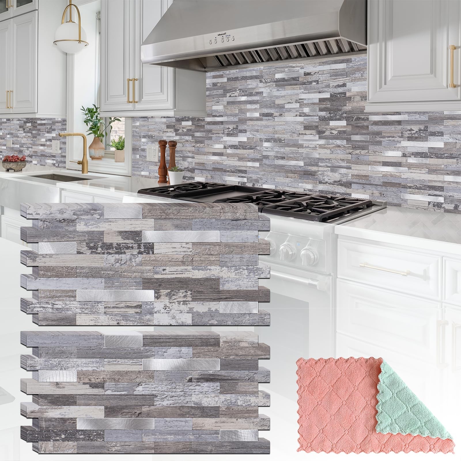 Azulejos Adhesivos Madera Envejecida Y Plata Para Chimenea Pack De 20 Pro