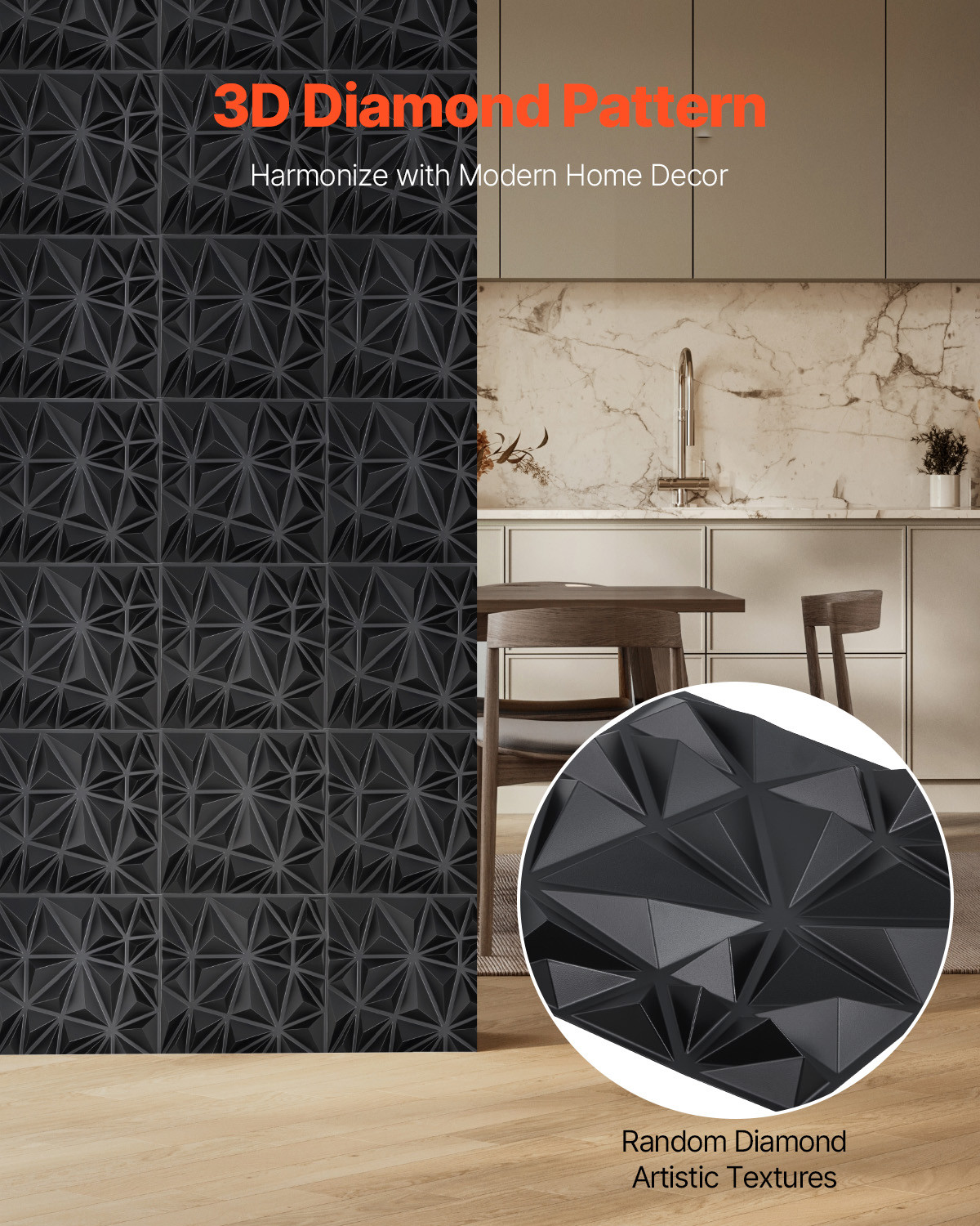 3D Wall Panels 33-Pack 11.81 x 11.81" PVC 32 Sq.Ft Coverage Diamond Matte Black