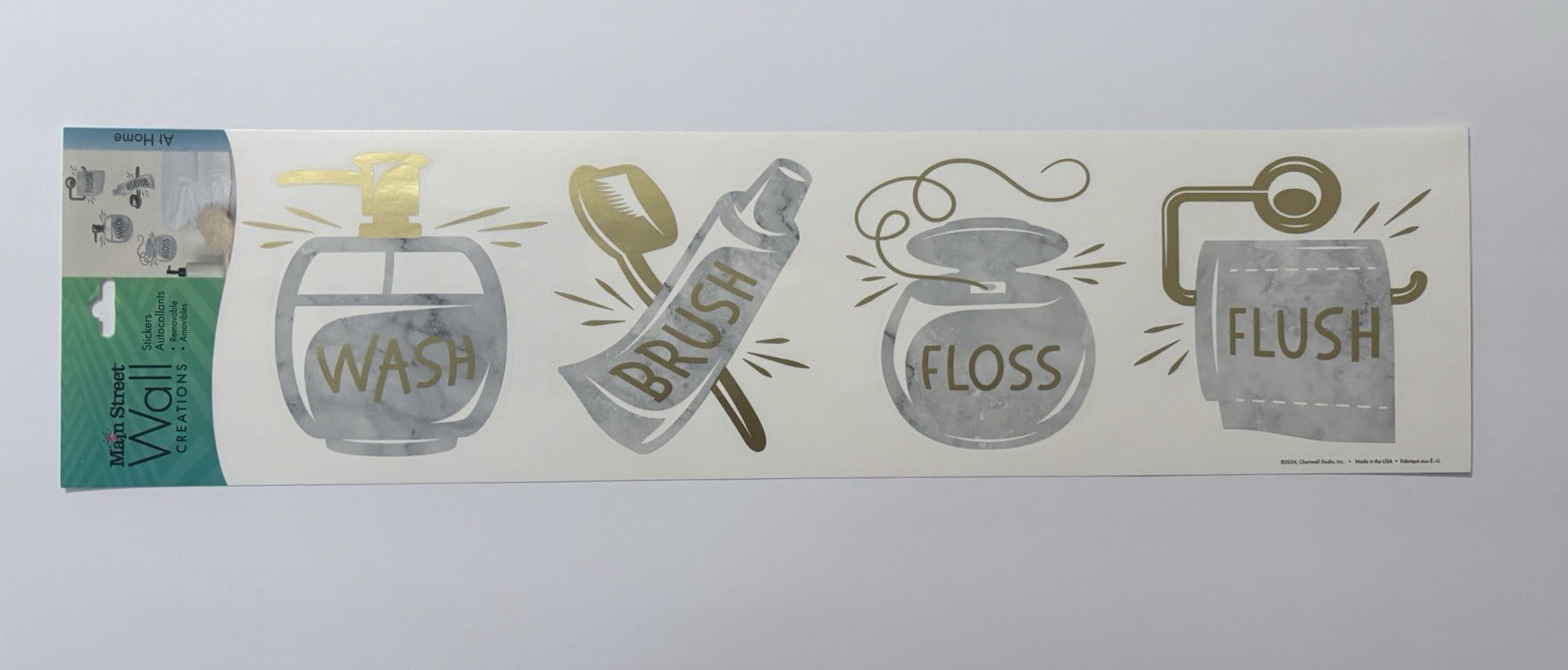 Bathroom Vinyl Stickers Gold Writing “Wash Brush Floss Flush” SET OF 2 BRAND NEW