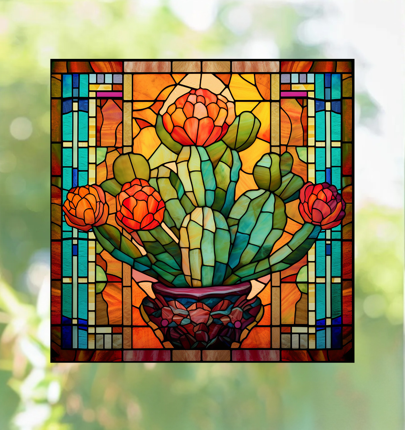 Blooming Cactus Plant Faux Stained-Glass WINDOW CLING Size 8" Square Vinyl