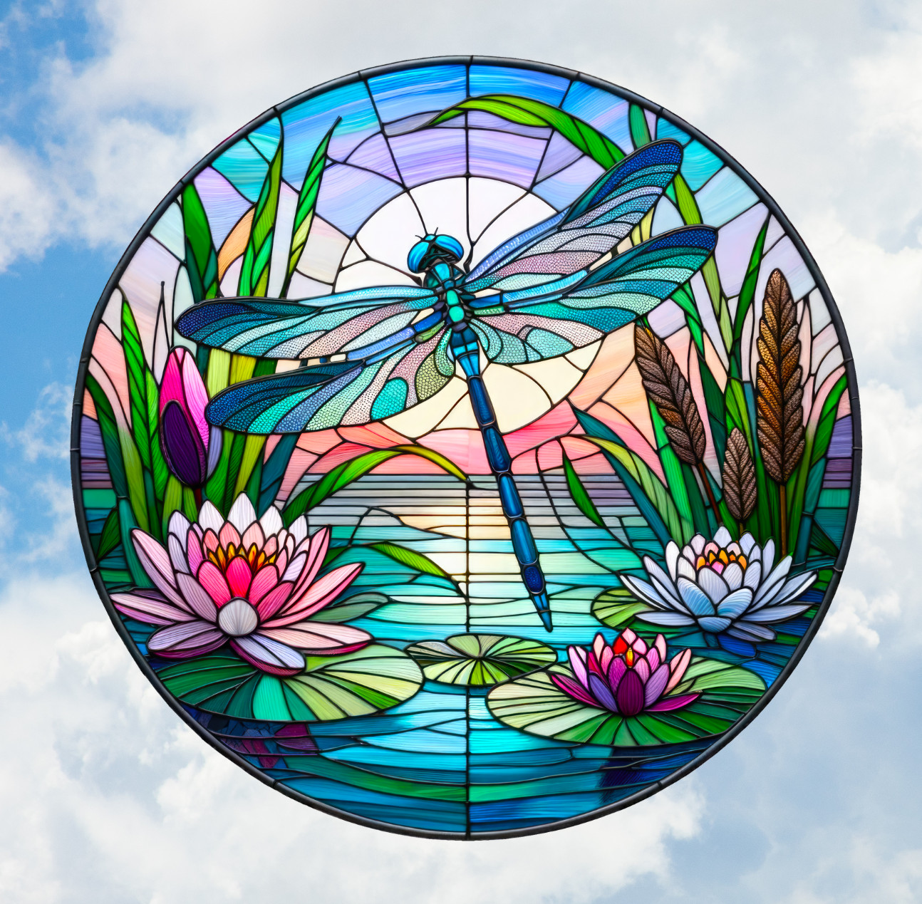 Dragonfly Water Lily Faux Stained-Glass WINDOW CLING Sun-catcher Size 8" Round