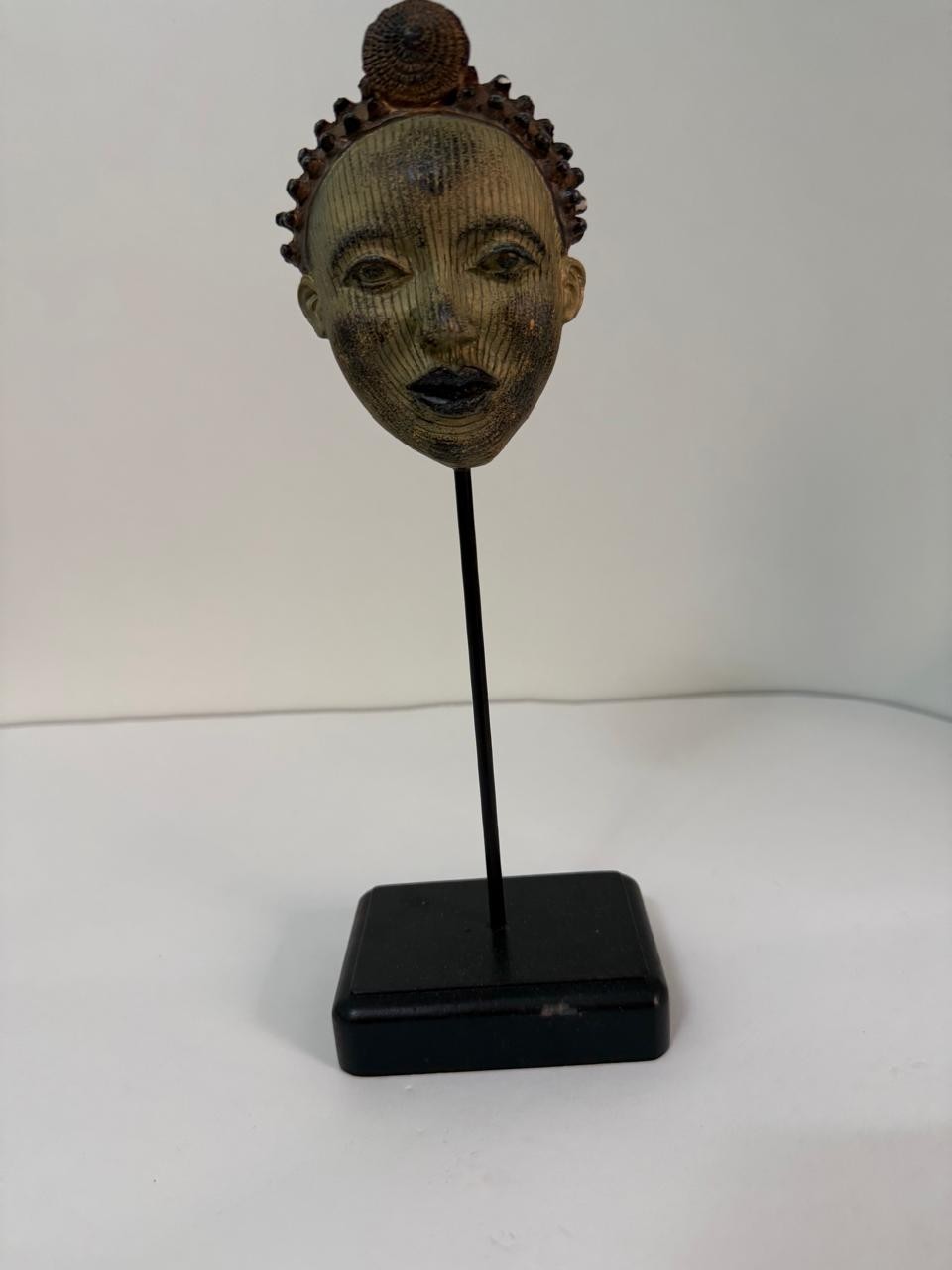 African Metal Head Sculpture Statue on Stand Tribal Art Decor Vintage Style Figu