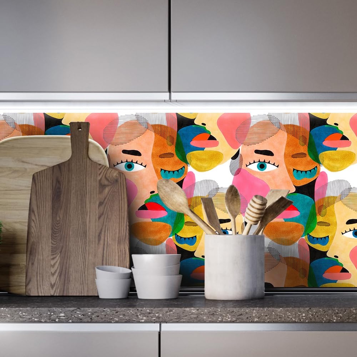Modern Art Peel & Stick Wallpaper – Abstract Colorful Human Face Pattern Cont…