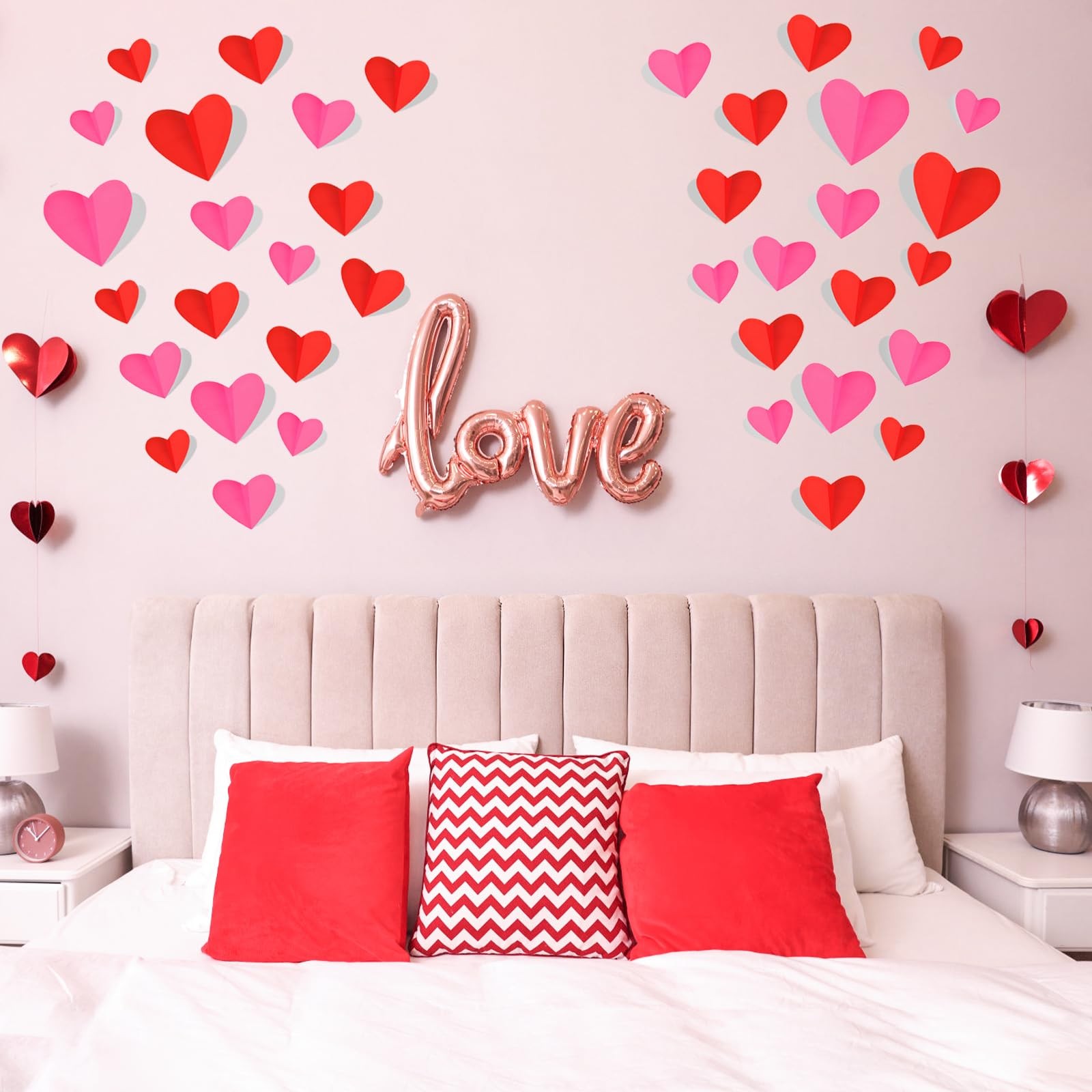 74 Pcs Valentine's Day Decoration, 3D Red and Pink Heart Valentine Wall Stick…