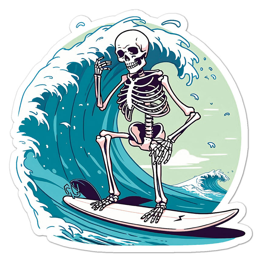 Surf Surfer Skeleton Wave, Vinyl Decal Sticker, Indoor Outdoor, 3 Sizes, #9111