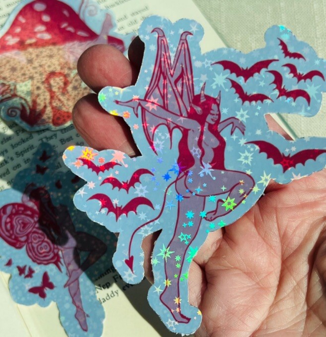 Cute Fantasy Girl Pink Bat Elf Glitter Holographic Horror Sticker Spooky Hallow