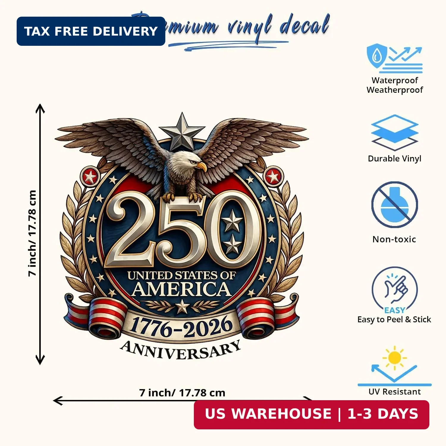 (3pcs) USA 250th Anniversary Vinyl Decal Set 7 Inch, 1776-2026 Patriotic Eagle a