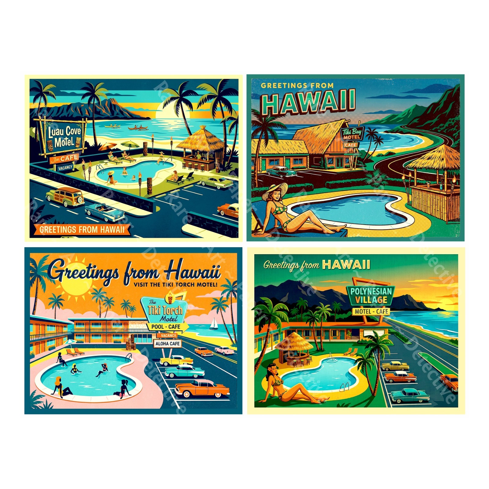 Hawaii Luggage Label Stickers, Mid-Century Modern, 4 Labels on 1 Sheet, 1533