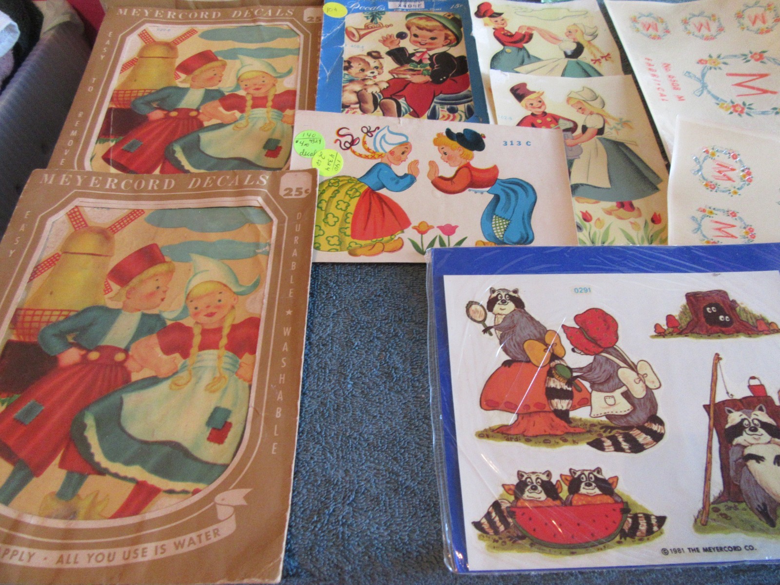 15 Meyercord decal transfer art eagle dutch boy girl M raccoon NEW