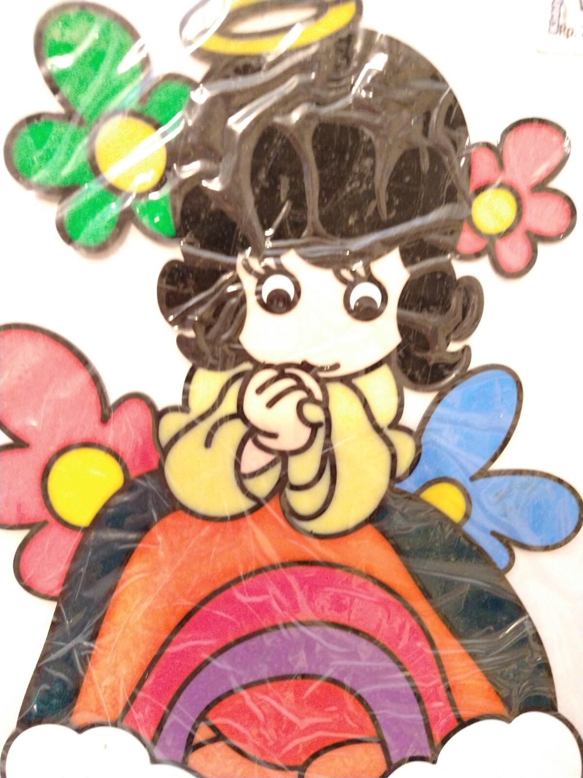 VINTAGE Decal From India Little Girl Angel on a Rainbow Stained Glass Effect 10"