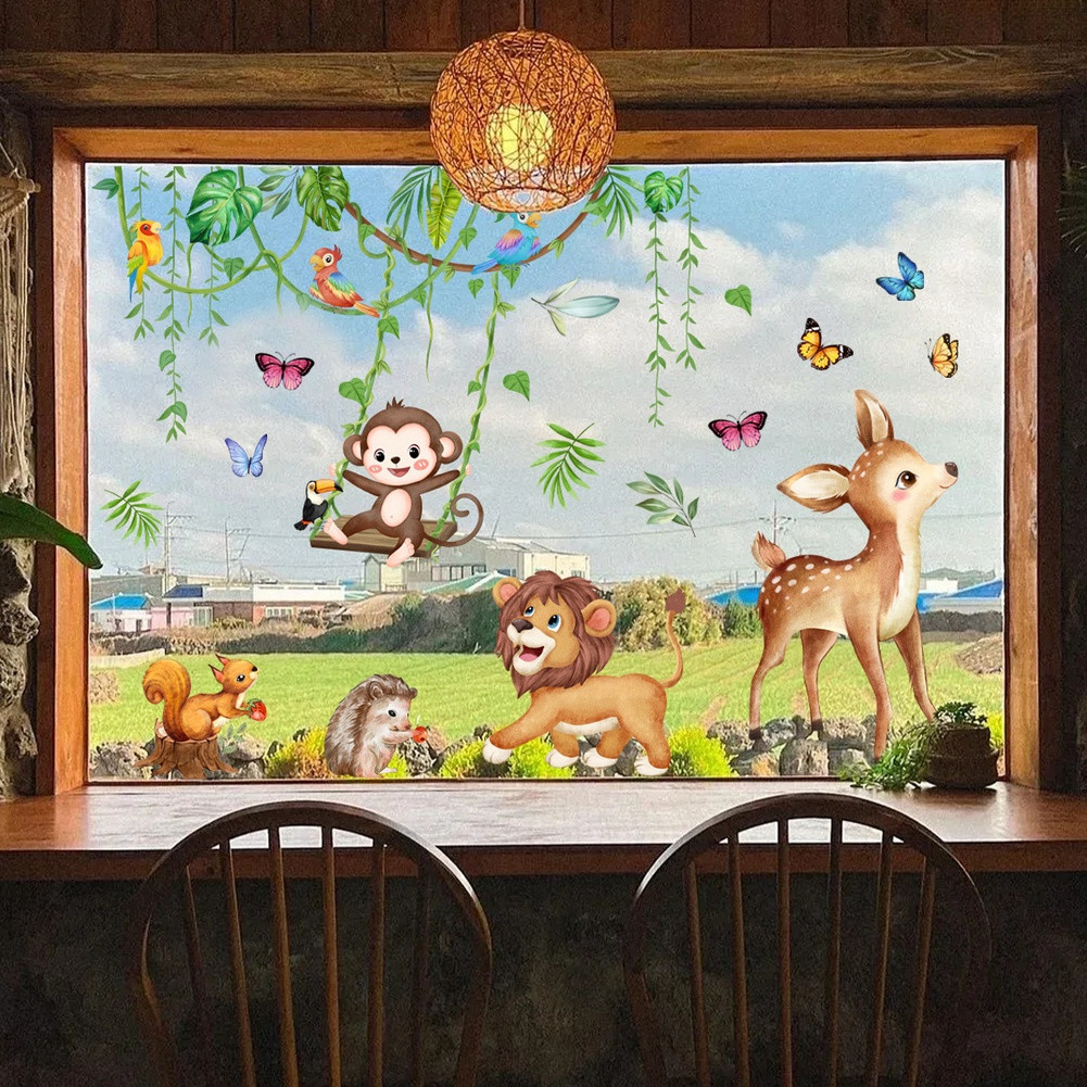 Static Window Sticker Tropical Rainforest Animals for Smooth Indoor Surfaces