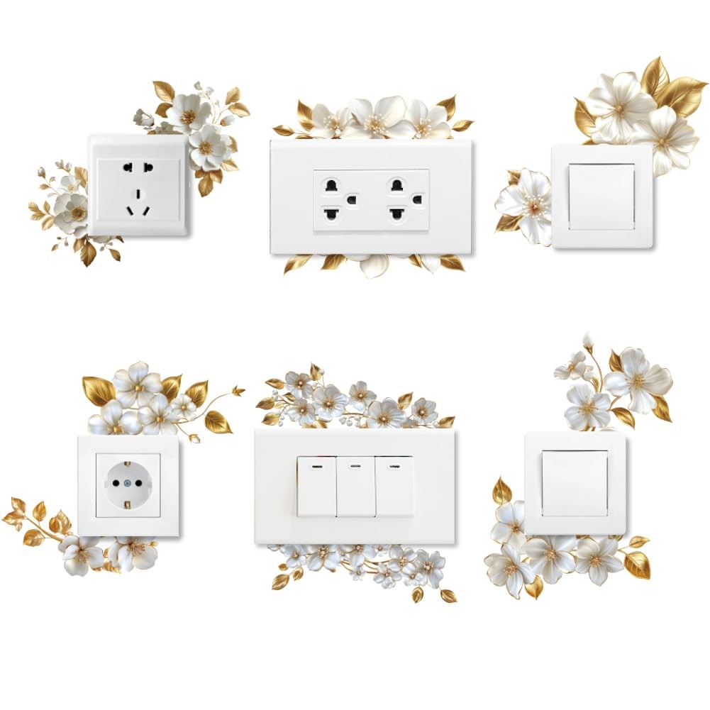 6Pcs Elegant Flower Light Switch Stickers, 7×7 Inch Flowers and Vines Wall St…